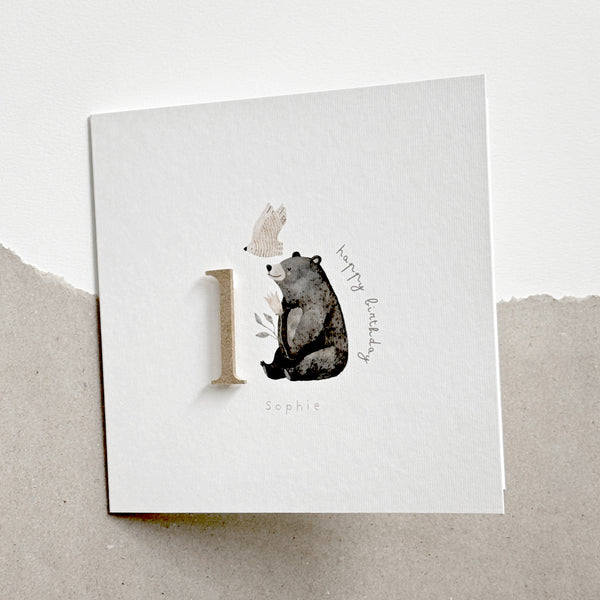 Glückwunschkarte zum Geburtstag I kleiner Bär mit Blume