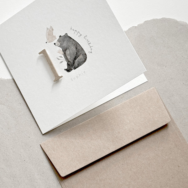 Glückwunschkarte zum Geburtstag I kleiner Bär mit Blume