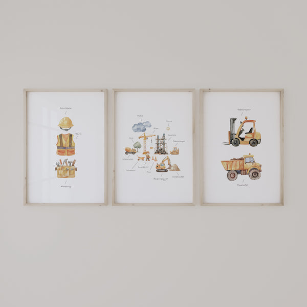 Wandbild Kinderzimmer I Baustelle 3er Set